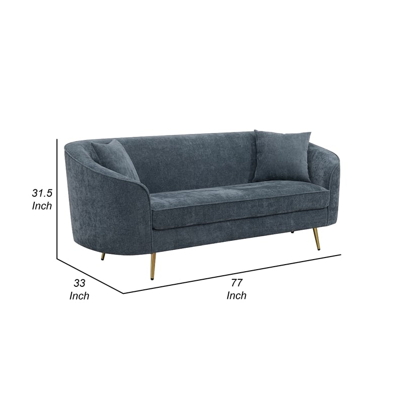 Benjara Kenny Sofa- 2 Pillows- Cobalt Blue Chenille- Gold Metal Legs- 77 Inch