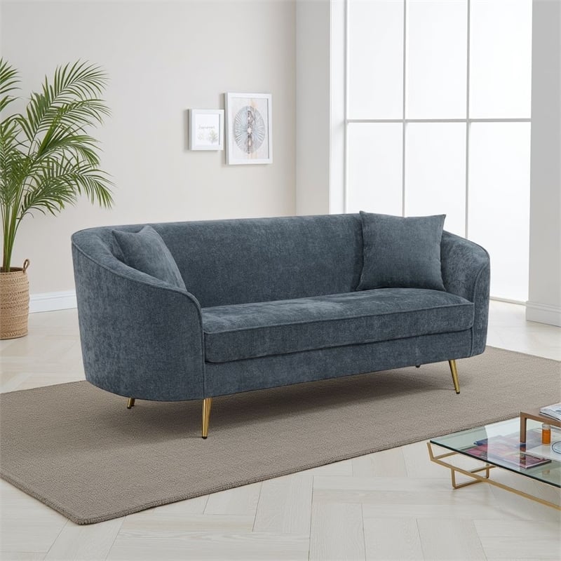 Benjara Kenny Sofa- 2 Pillows- Cobalt Blue Chenille- Gold Metal Legs- 77 Inch
