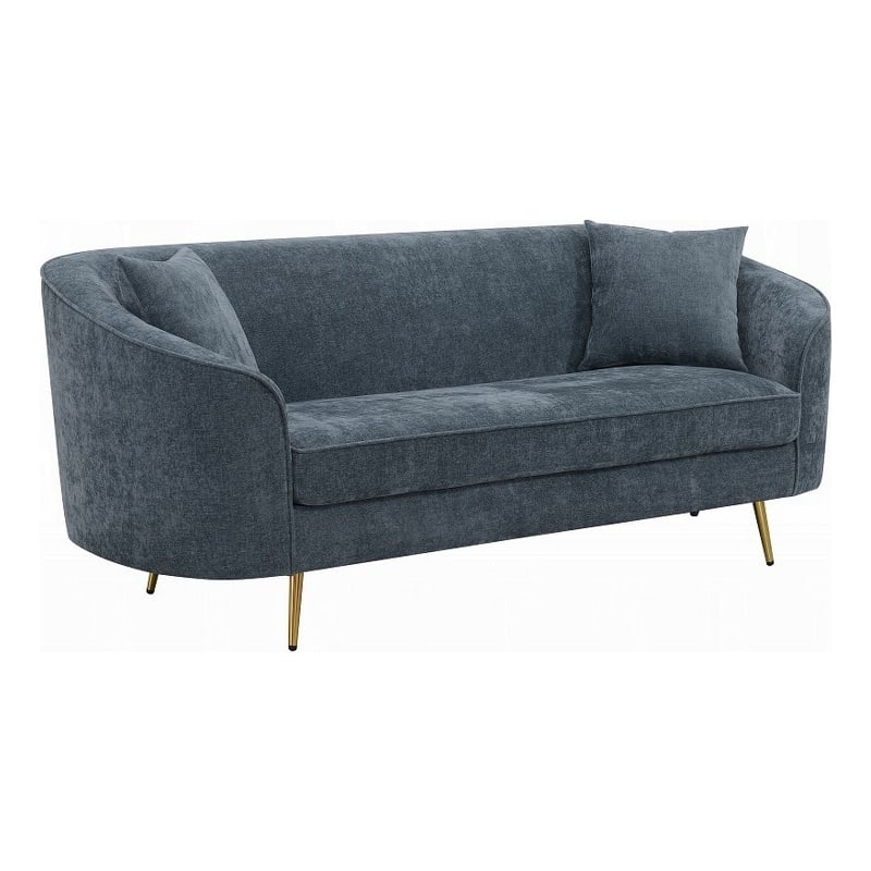 Benjara Kenny Sofa- 2 Pillows- Cobalt Blue Chenille- Gold Metal Legs- 77 Inch
