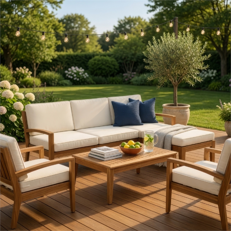 Benjara Outdoor L Shape Sofa and Coffee Table Set- Brown Acacia Wood- Beige