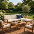 Benjara Outdoor L Shape Sofa and Coffee Table Set- Brown Acacia Wood- Beige