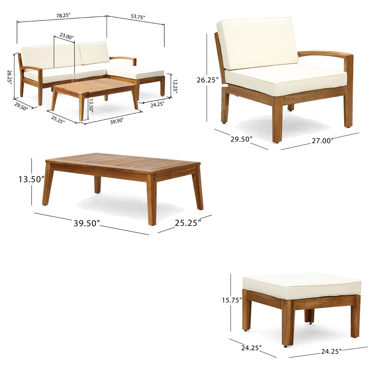 Benjara Outdoor L Shape Sofa and Coffee Table Set- Brown Acacia Wood- Beige