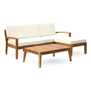 Benjara Outdoor L Shape Sofa and Coffee Table Set- Brown Acacia Wood- Beige