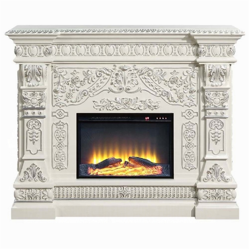 Benjara Kin LED Electric Fireplace- Floral Carvings- Antique White- 62 Inch