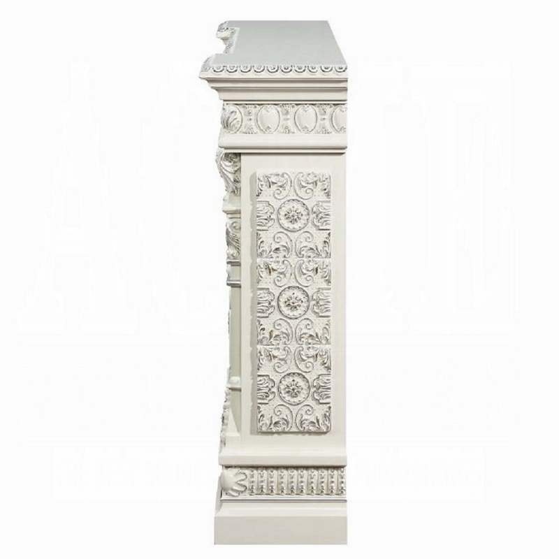 Benjara Kin LED Electric Fireplace- Floral Carvings- Antique White- 62 Inch