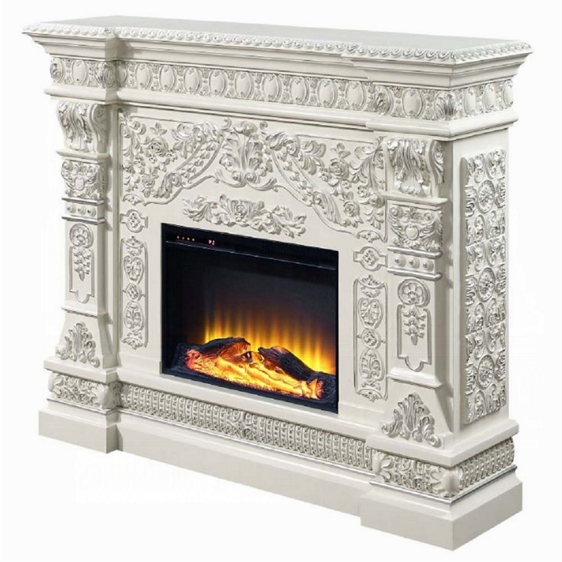 Benjara Kin LED Electric Fireplace- Floral Carvings- Antique White- 62 Inch