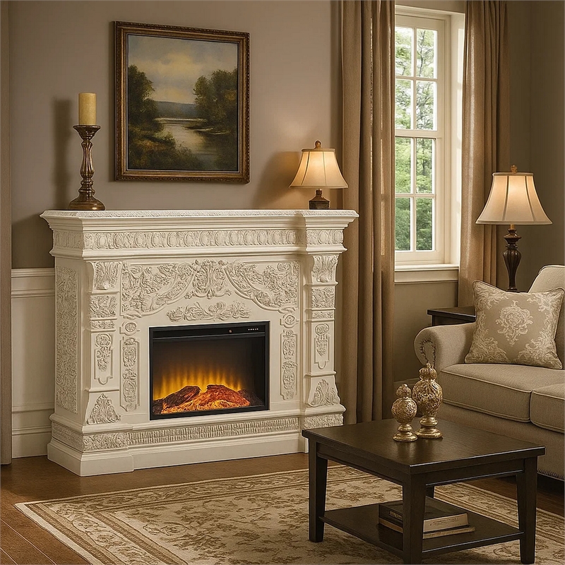 Benjara Kin LED Electric Fireplace- Floral Carvings- Antique White- 62 Inch