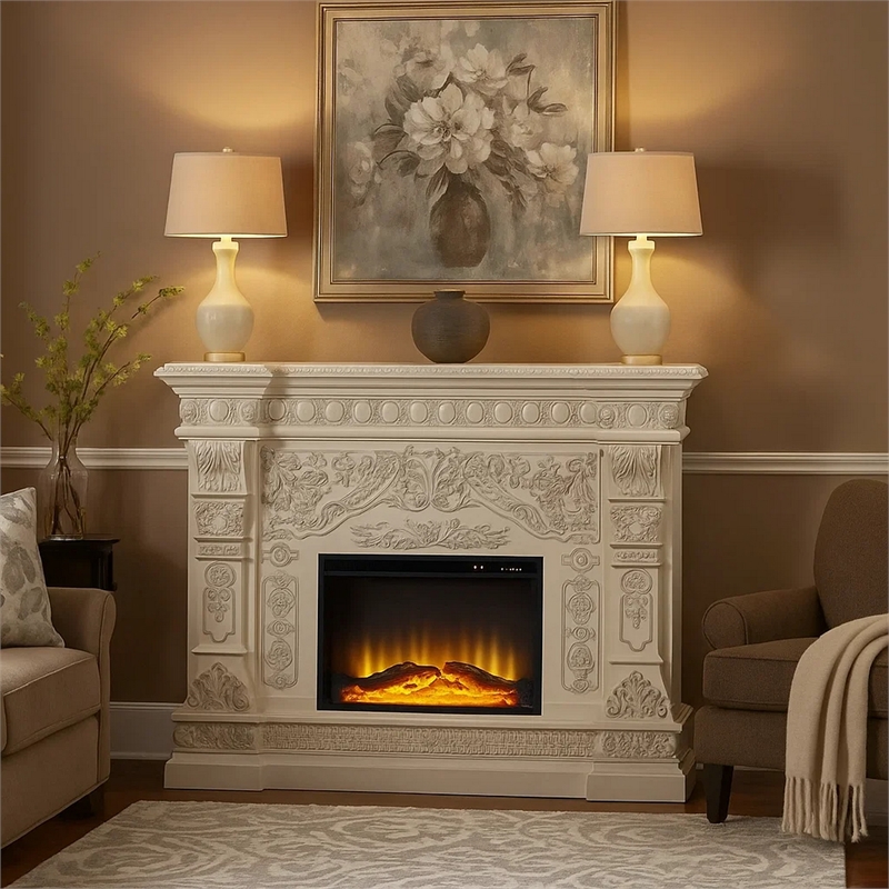 Benjara Kin LED Electric Fireplace- Floral Carvings- Antique White- 62 Inch