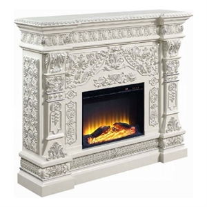 Benjara Kin LED Electric Fireplace- Floral Carvings- Antique White- 62 Inch
