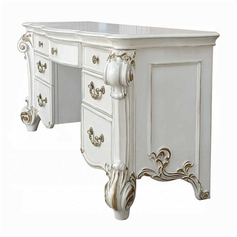 Benjara Antoine Vanity Desk- 7 Drawers- Antique Silver Wood- Gold- 65 Inch