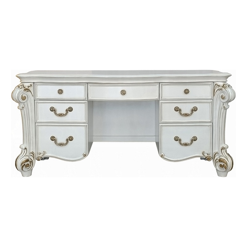 Benjara Antoine Vanity Desk- 7 Drawers- Antique Silver Wood- Gold- 65 Inch
