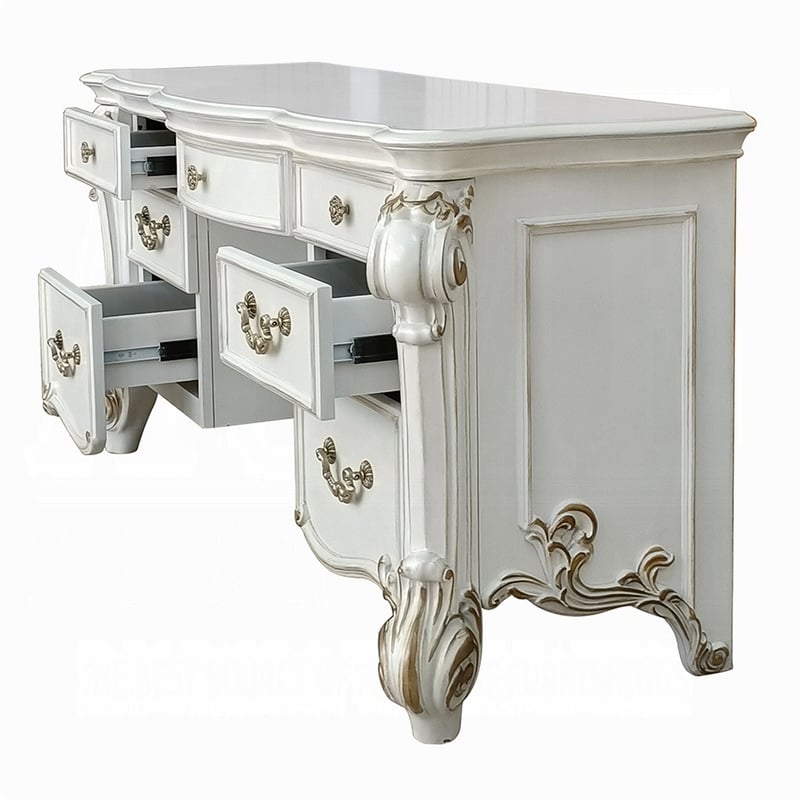 Benjara Antoine Vanity Desk- 7 Drawers- Antique Silver Wood- Gold- 65 Inch