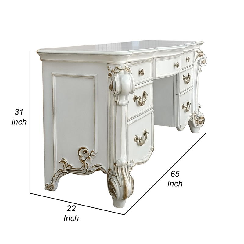Benjara Antoine Vanity Desk- 7 Drawers- Antique Silver Wood- Gold- 65 Inch