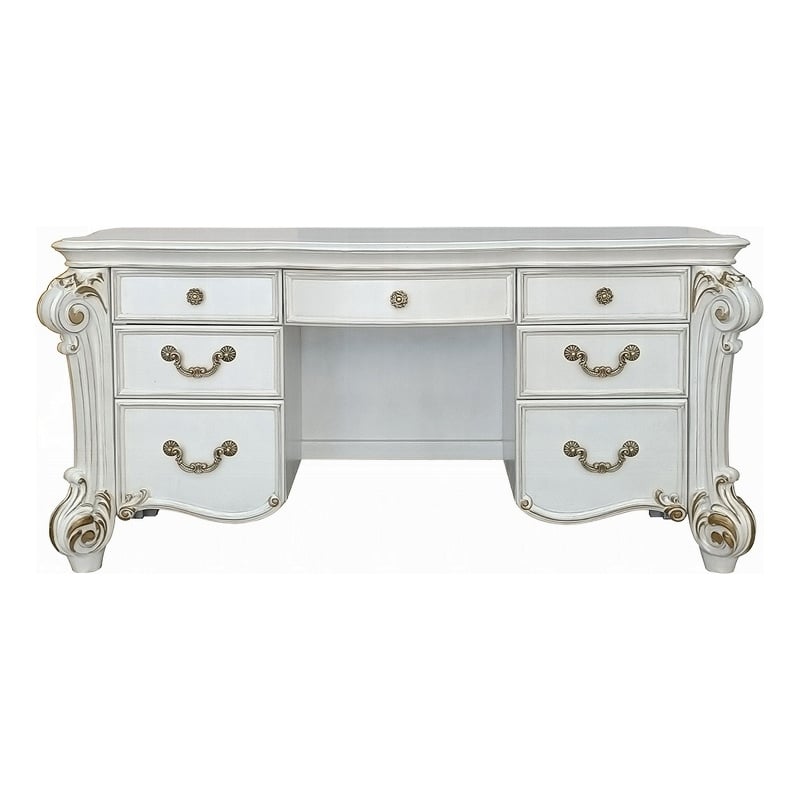 Benjara Antoine Vanity Desk- 7 Drawers- Antique Silver Wood- Gold- 65 Inch