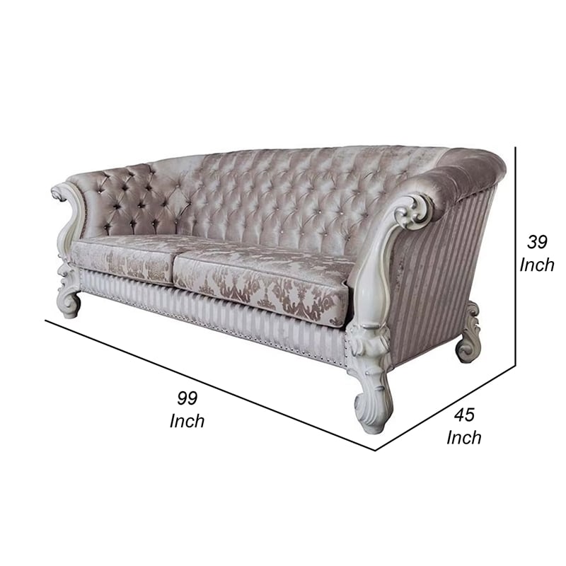 Benjara Kai Sofa- 7 Pillows- Tufted Ivory Fabric- Scrolled- White- 99 Inch