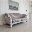Benjara Kai Sofa- 7 Pillows- Tufted Ivory Fabric- Scrolled- White- 99 Inch