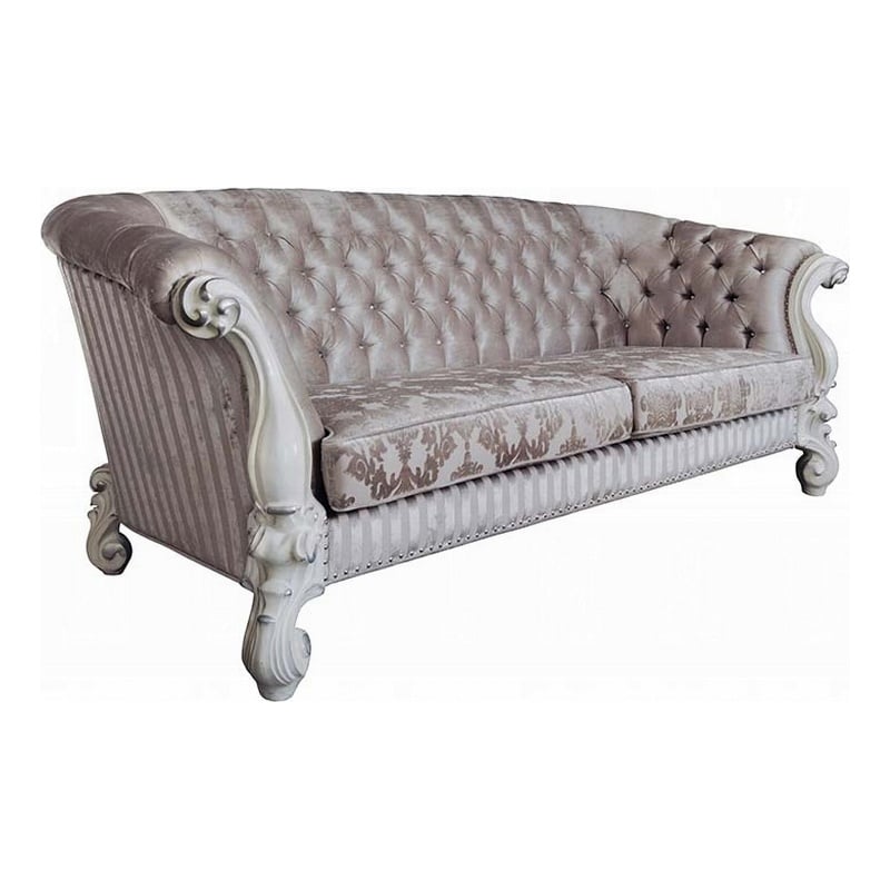Benjara Kai Sofa- 7 Pillows- Tufted Ivory Fabric- Scrolled- White- 99 Inch