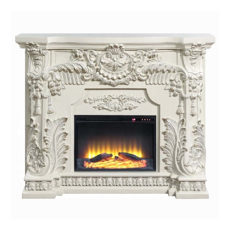 Benjara Rox LED Electric Fireplace- 62 Inch- Resin Details- Antique White Wood