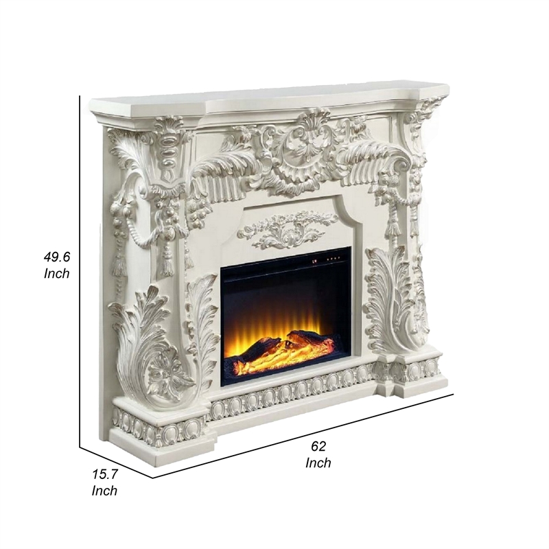 Benjara Rox LED Electric Fireplace- 62 Inch- Resin Details- Antique White Wood