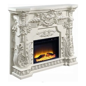 Benjara Rox LED Electric Fireplace- 62 Inch- Resin Details- Antique White Wood