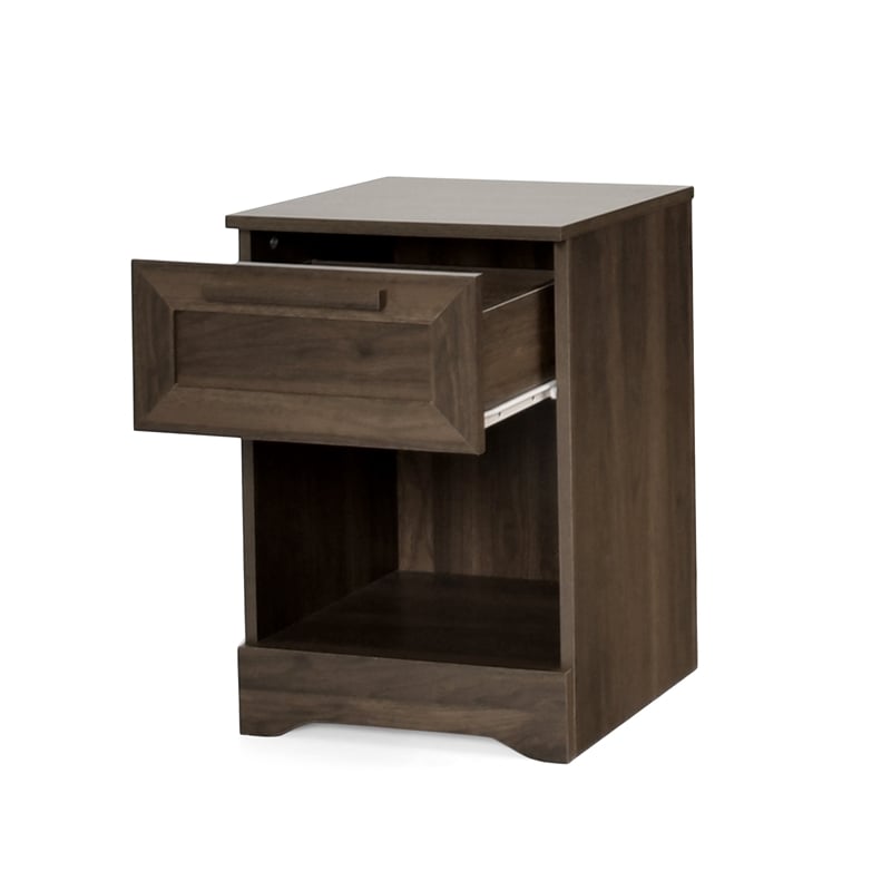 Benjara Vinie Nightstand with 1 Drawer and Open Shelf- Modern Walnut Brown
