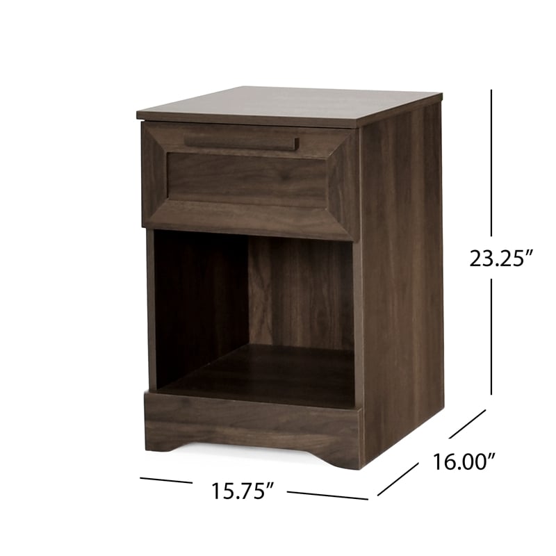 Benjara Vinie Nightstand with 1 Drawer and Open Shelf- Modern Walnut Brown