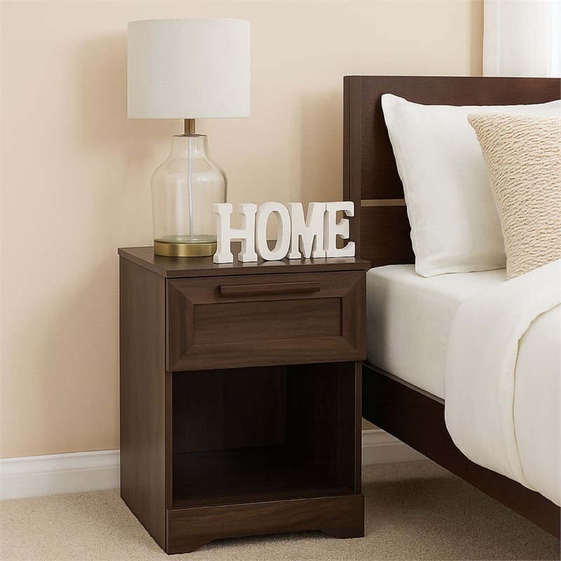 Benjara Vinie Nightstand with 1 Drawer and Open Shelf- Modern Walnut Brown