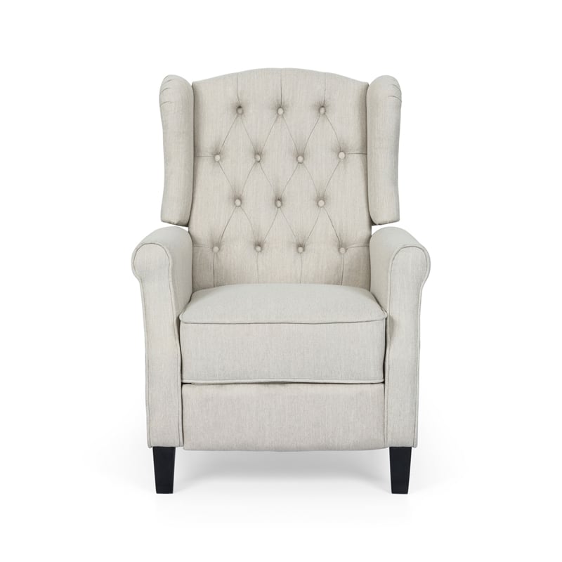 Benjara Push Back Recliner- Dark Brown Birch Wood- Beige Button Tufted Fabric
