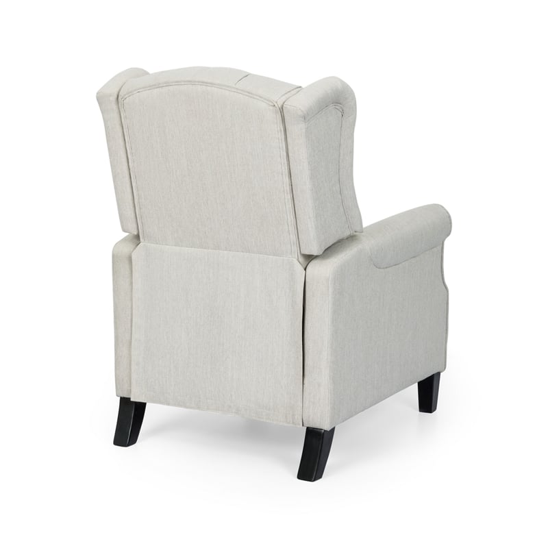 Benjara Push Back Recliner- Dark Brown Birch Wood- Beige Button Tufted Fabric
