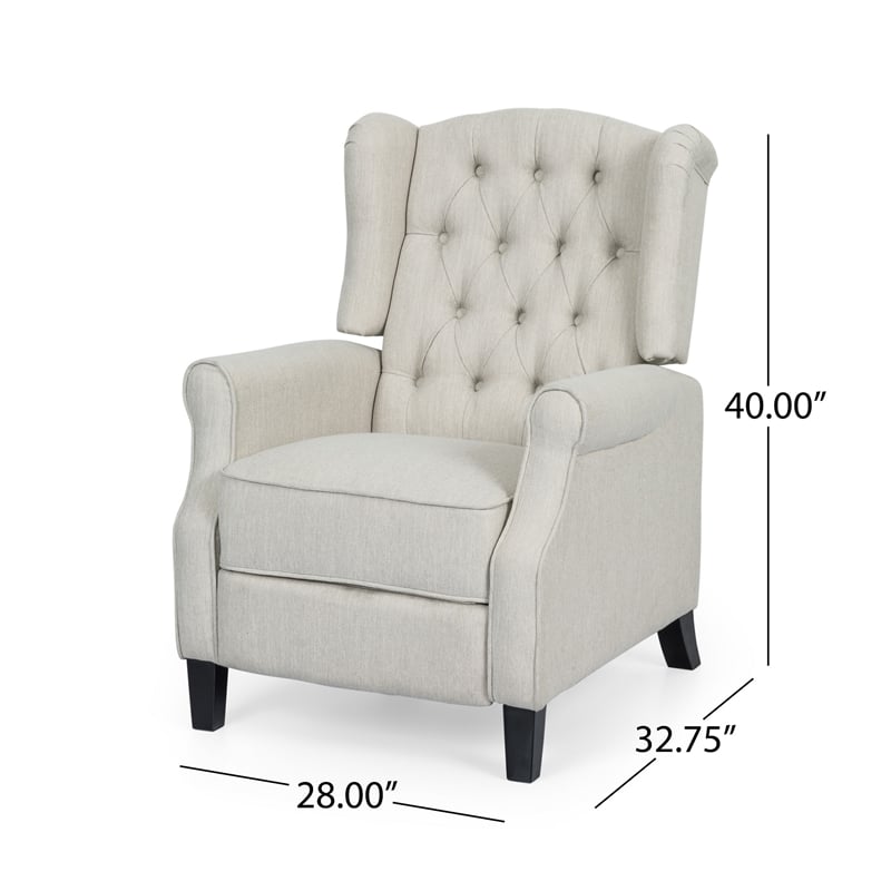 Benjara Push Back Recliner- Dark Brown Birch Wood- Beige Button Tufted Fabric