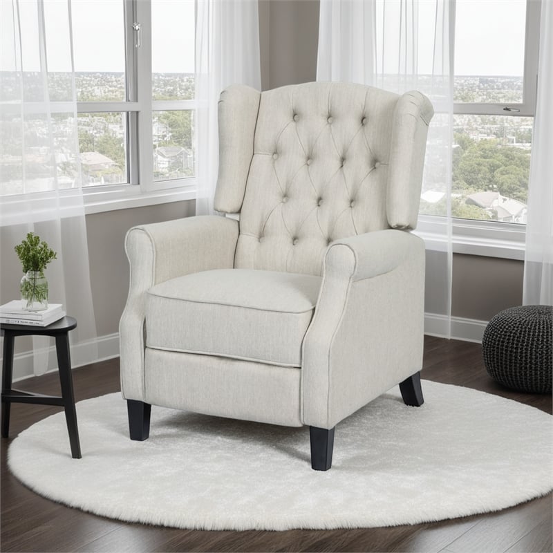 Benjara Push Back Recliner- Dark Brown Birch Wood- Beige Button Tufted Fabric