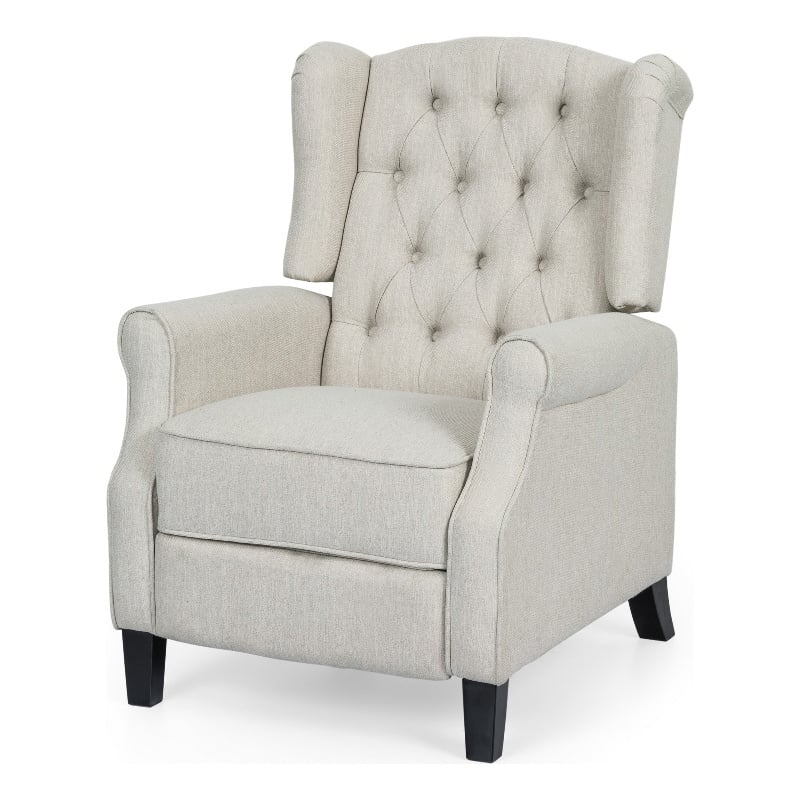 Benjara Push Back Recliner- Dark Brown Birch Wood- Beige Button Tufted Fabric