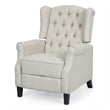 Benjara Push Back Recliner- Dark Brown Birch Wood- Beige Button Tufted Fabric