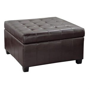 Benjara Cindy Storage Ottoman- 31&quot Birch Wood- Brown Waffle Faux Leather