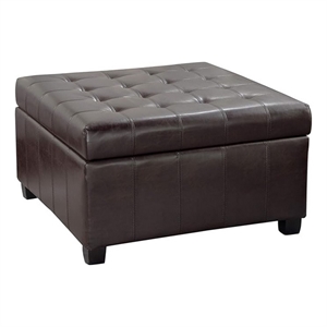Benjara Cindy Storage Ottoman- 31&quot Birch Wood- Brown Waffle Faux Leather