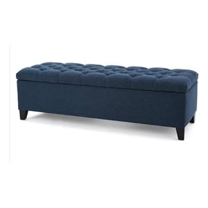 Benjara Elias Storage Bench- 51&quot Button Tufted Blue Velvet- Solid Wood