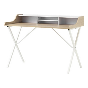 Benjara Computer Desk with Built-In Hutch- 47 Inch- Melamine- White Iron Legs