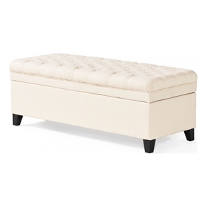 Benjara Rhya Storage Bench- 50&quot Button Tufted Plush Seat- Soft Beige