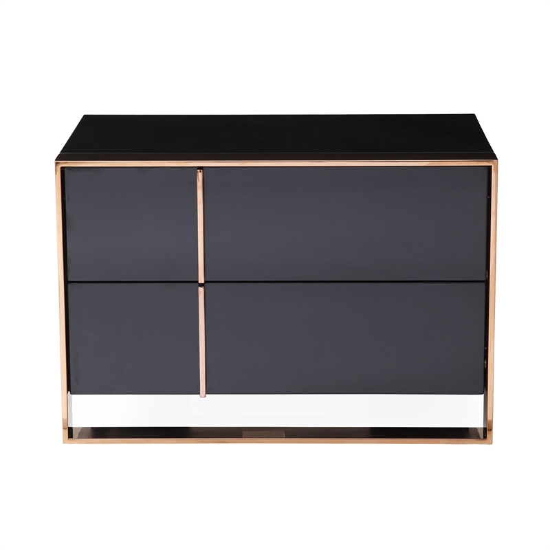 Benjara Caer Nightstand- 2 Drawers- Modern Rose Gold Stainless Steel- Black