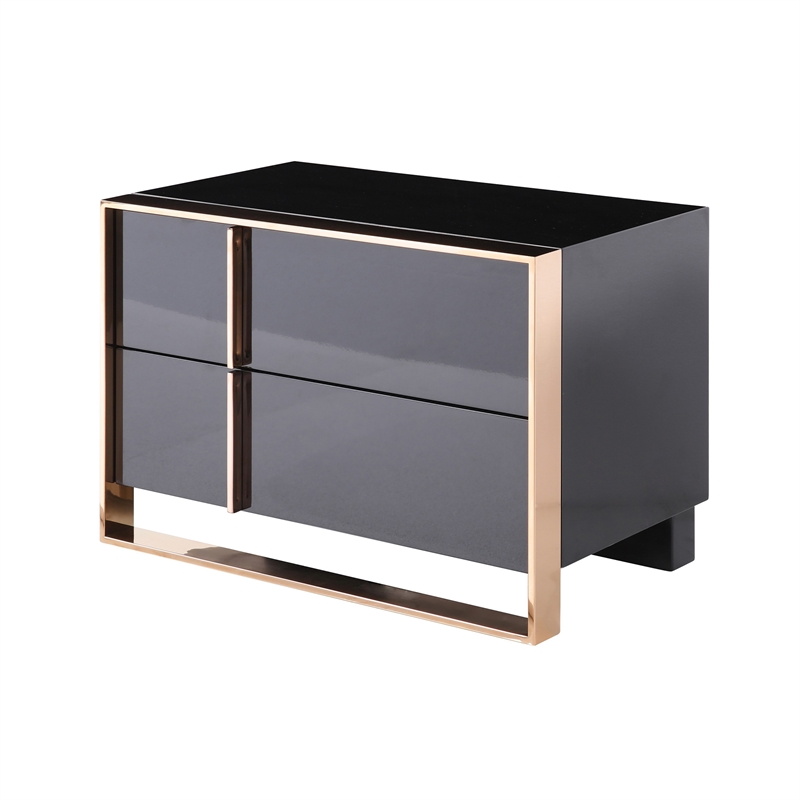 Benjara Caer Nightstand- 2 Drawers- Modern Rose Gold Stainless Steel- Black