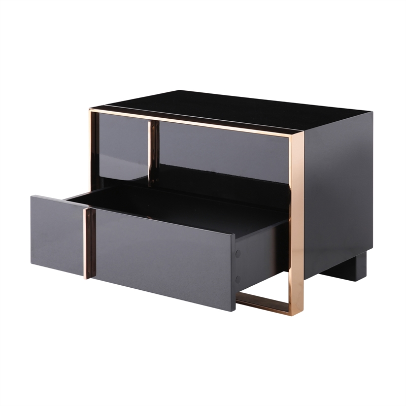 Benjara Caer Nightstand- 2 Drawers- Modern Rose Gold Stainless Steel- Black