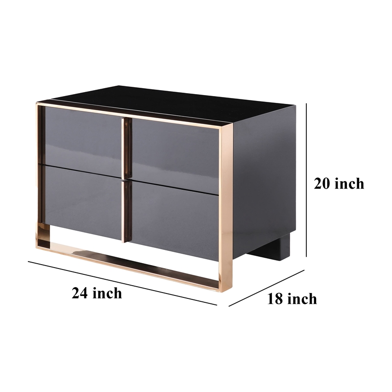 Benjara Caer Nightstand- 2 Drawers- Modern Rose Gold Stainless Steel- Black