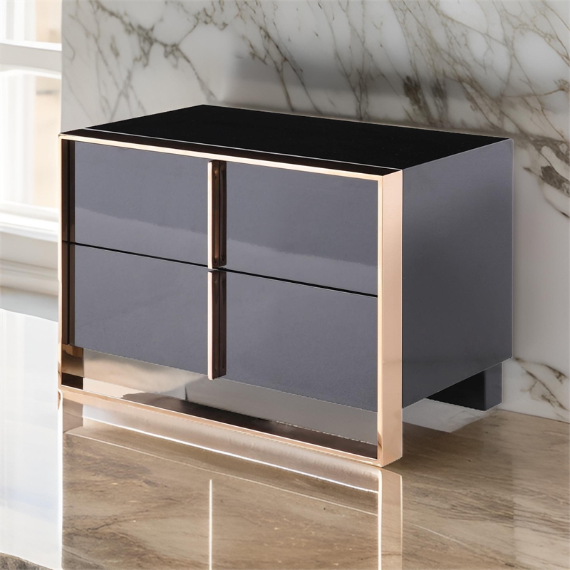Benjara Caer Nightstand- 2 Drawers- Modern Rose Gold Stainless Steel- Black