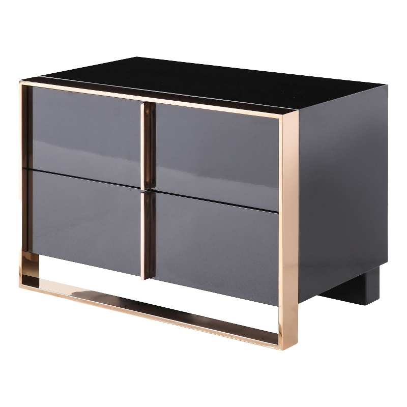 Benjara Caer Nightstand- 2 Drawers- Modern Rose Gold Stainless Steel- Black