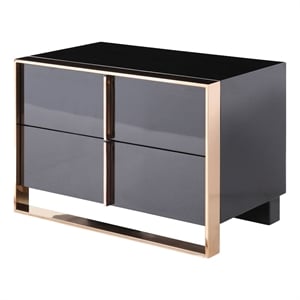 Benjara Caer Nightstand- 2 Drawers- Modern Rose Gold Stainless Steel- Black