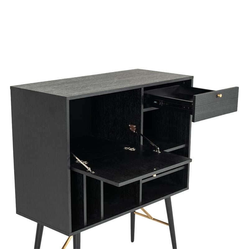 Benjara Belo Accent Buffet Sideboard- 6 Shelves- Gold Accent- Black- 42 Inch