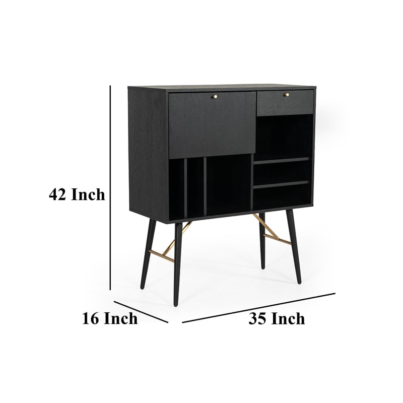 Benjara Belo Accent Buffet Sideboard- 6 Shelves- Gold Accent- Black- 42 Inch