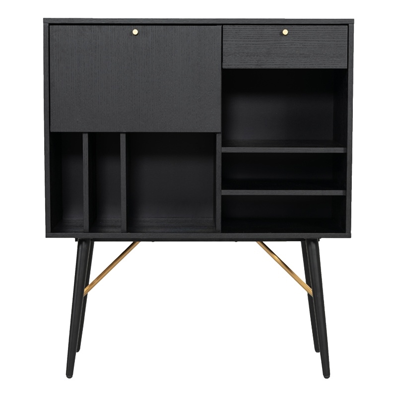 Benjara Belo Accent Buffet Sideboard- 6 Shelves- Gold Accent- Black- 42 Inch