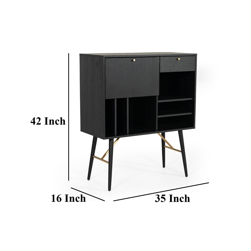 Benjara Belo Accent Buffet Sideboard- 6 Shelves- Gold Accent- Black- 42 Inch
