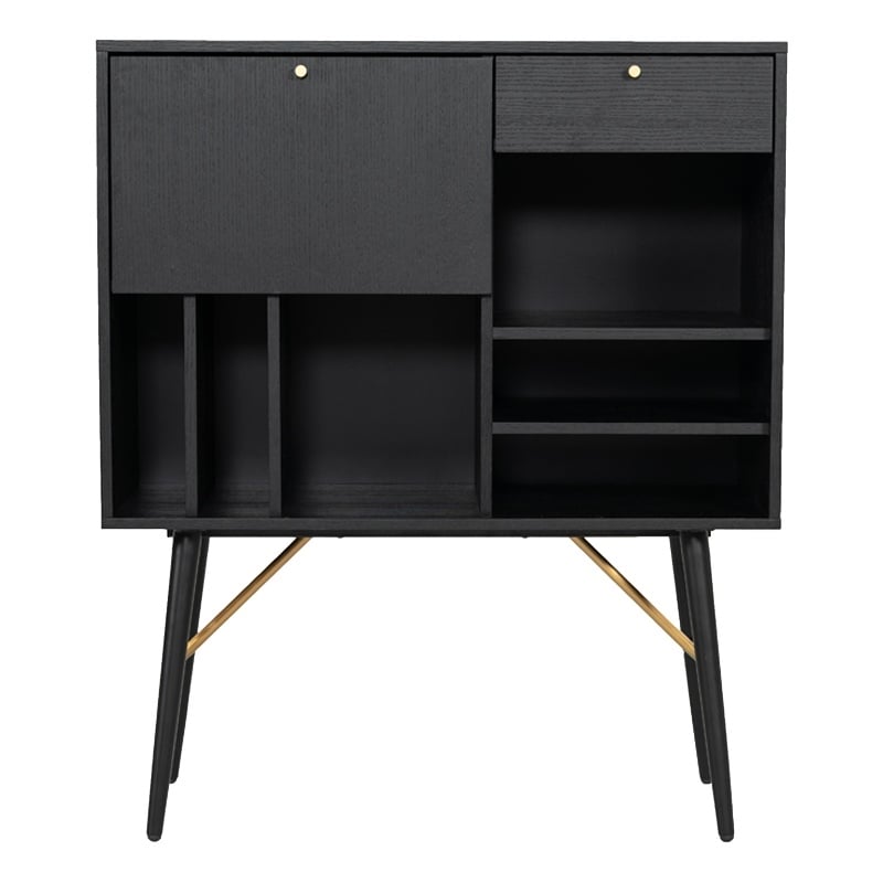 Benjara Belo Accent Buffet Sideboard- 6 Shelves- Gold Accent- Black- 42 Inch